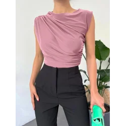 Bisiklet Yaka Sıfır Kol Sandy Bluz  -Pudra