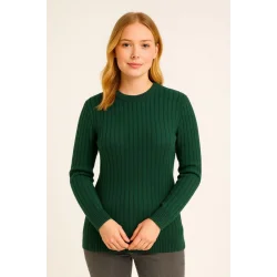 Bisiklet Yuvarlak Yaka Triko Kazak Pamuklu Kalın Fitilli Dokuma, Regular Fit Uzun Kollu Kışlık Model - Haki