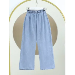 Bol Paça Beli Lastikli Bağcık Detaylı Kot Pantolon      -Buz Mavi