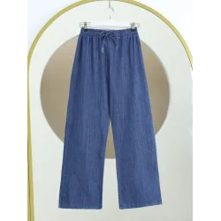 Bol Paça Beli Lastikli Bağcık Detaylı Kot Pantolon  -Koyu Mavi