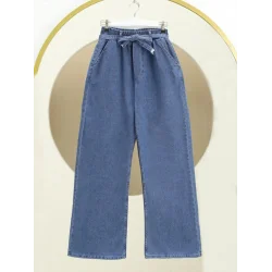 Bol Paça Beli Lastikli Kuşaklı Kot Pantolon -Koyu Mavi