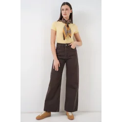Bol Paça Yüksek Bel Palazzo Kot Pantolon 6656 - Kahverengi