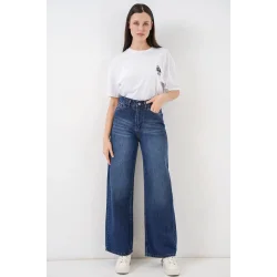 Bol Paça Yüksek Bel Palazzo Kot Pantolon 6656 - Lacivert