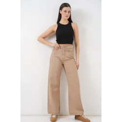 Bol Paça Yüksek Bel Palazzo Kot Pantolon 6656 - Vizon