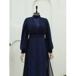 Boncuk Ve Pul Detaylı Kemerli Şifon Abiye -Laci