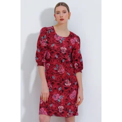 Bordo Gül Desenli Midi Elbise 2477