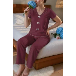 Bordo Kısa Kollu Fiyonk Detaylı Pamuklu Pijama Takımı 7349
