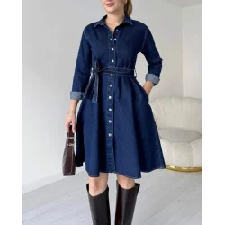 Boydan Çıtçıtlı Kemerli Kot Elbise -İndigo