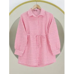 Boydan Düğmeli Bağcıklı Çizgili Bürümcük Gömlek -Pembe