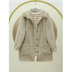 Boydan Düğmeli Cepli Pelüş Ceket -Açık Vizon