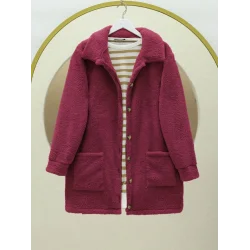 Boydan Düğmeli Cepli Pelüş Ceket   -Bordo