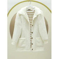 Boydan Düğmeli Cepli Pelüş Ceket -Ekru