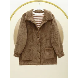 Boydan Düğmeli Cepli Pelüş Ceket    -Taba