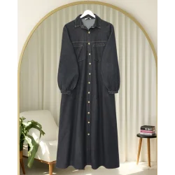 Boydan Düğmeli Kolu Lastikli Cepli Kot Elbise   -Antrasit