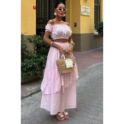 Büzgülü Crop Kat Detaylı Fırfır Etekli Takım 10196