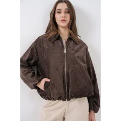 Büzgülü Oversize Kadife Ceket 0733 - Kahverengi
