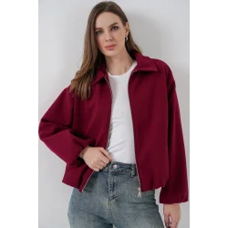 Büzgülü Oversize Kaşe Ceket 0728 - Bordo