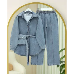 Çanta Cepli Çimalı Pantolonlu Kot Takım -Mavi