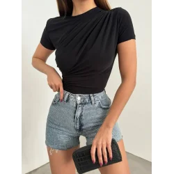 Çapraz Büzgülü Kısa Kol Sandy Bluz  -Siyah