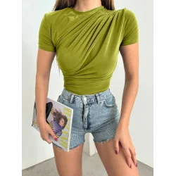 Çapraz Büzgülü Kısa Kol Sandy Bluz -Yağ Yeşili