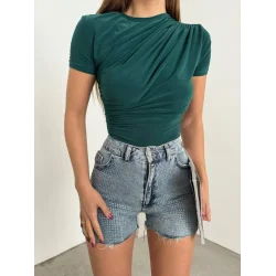 Çapraz Büzgülü Kısa Kol Sandy Bluz -Zümrüt