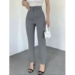 Cep Detaylı Yüksek Bel Pantolon -Gri