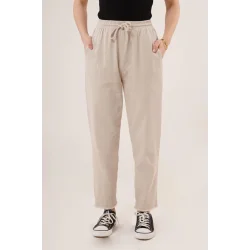 Cepli Belden Bağlamalı Paça Detaylı Krem Pantolon