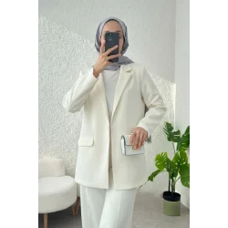 Cepli Tek Düğmeli Likralı Ceket  -Krem