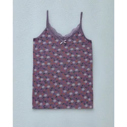 Çiçek Desenli Dantelli İp Askılı Atlet -Mor