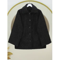 Çift Cepli Önü Düğmeli Astarlı Buklet Kaban -Siyah