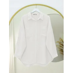 Çift Cepli Oval Kesim Kolu Katlamalı Gömlek Tunik -Beyaz