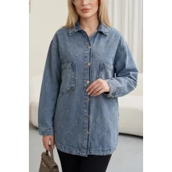 Çift Cepli Taşlı Önü Düğmeli Kot Ceket  -Buz Mavi