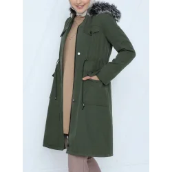 Çıkma Kapşonlu Bağcıklı Bondit Kısa Kaban  -Haki