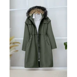 Çıkma Kapşonlu Yıldız Metal Detaylı Kaban -Haki