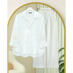 Çizgi Desen Oval Kesim Krinkıl Gömlek -Beyaz