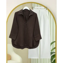 Çizgi Desen Oval Kesim Krinkıl Gömlek -Kahve