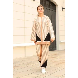 Çizgili bisiklet yaka triko takım Vizon