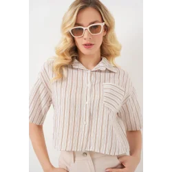 Çizgili Crop Gömlek 20342 - Bej
