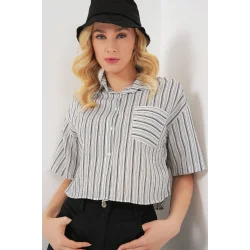Çizgili Crop Gömlek 20342 - Siyah
