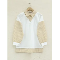 Çizgili Gömlek Detaylı Sweat Tunik -Açık Vizon