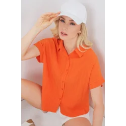 Çizgili Kısa Kol Gömlek 20324 - Turuncu