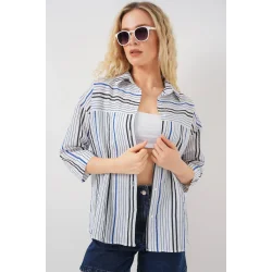 Çizgili Kısa Kol Gömlek 20344 - Lacivert