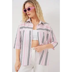 Çizgili Kısa Kol Gömlek 20344 - Pembe