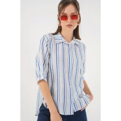 Çizgili Kısa Kol Gömlek 20345 - Mavi