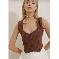 Çizgili krep düğmeli yelek kahve s3395