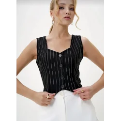 Çizgili krep düğmeli yelek siyah s3395