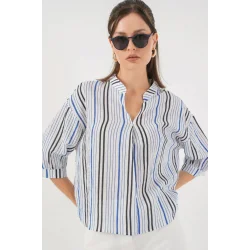 Çizgili Oversize Bluz 967 - Lacivert