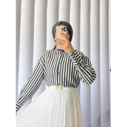 Çizgili Oversize Düğmeli Gömlek -Siyah