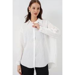 Çizgili Oversize Gömlek 20293 - Beyaz