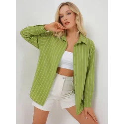 Çizgili Oversize Gömlek 20293 - E.Yeşil